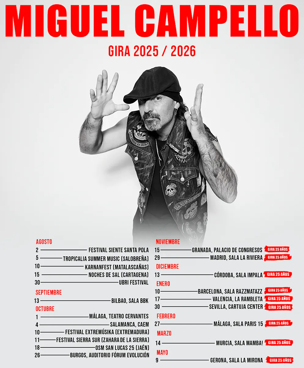 Cartel de la gira "25 años de historias que cantar" con los conciertos de Miguel Campello para 2025 y 2026